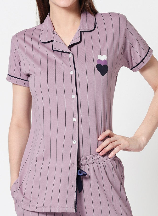 Zeyo Women Mauve Striped Night Suit - Image 3