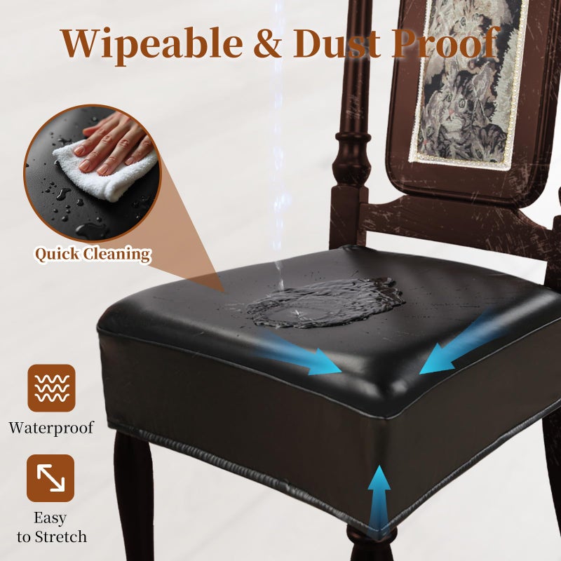 WUSOUPU Waterproof Dining Chair Seat Covers Leather Kitchen Seat Covers, Stain Resistant Stretch Chair Seat Covers for Dining Room Chairs Set of 4, Rear Covered Washable Dining Chair Covers Black - Image 4