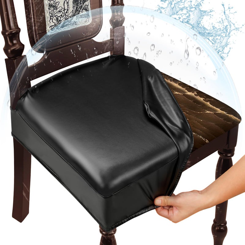 WUSOUPU Waterproof Dining Chair Seat Covers Leather Kitchen Seat Covers, Stain Resistant Stretch Chair Seat Covers for Dining Room Chairs Set of 4, Rear Covered Washable Dining Chair Covers Black - Image 1