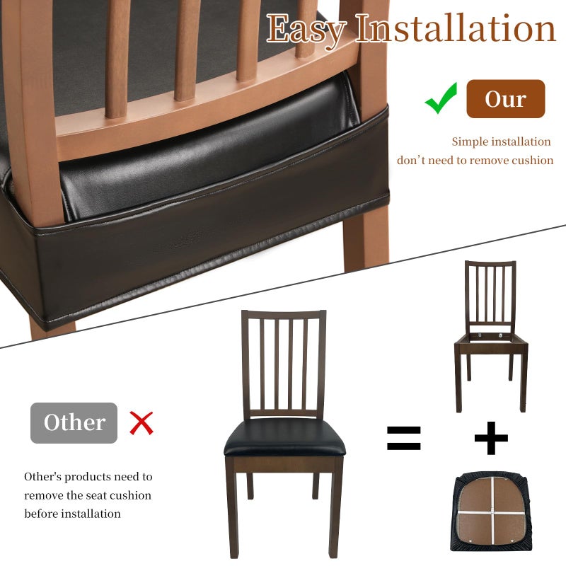WUSOUPU Waterproof Dining Chair Seat Covers Leather Kitchen Seat Covers, Stain Resistant Stretch Chair Seat Covers for Dining Room Chairs Set of 4, Rear Covered Washable Dining Chair Covers Black - Image 3