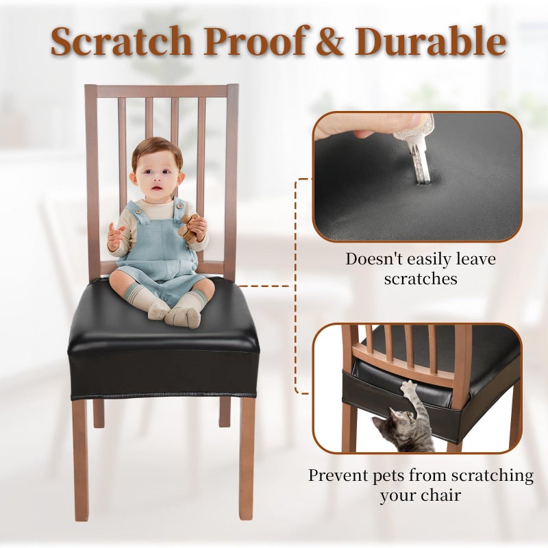 WUSOUPU Waterproof Dining Chair Seat Covers Leather Kitchen Seat Covers, Stain Resistant Stretch Chair Seat Covers for Dining Room Chairs Set of 4, Rear Covered Washable Dining Chair Covers Black - Image 5