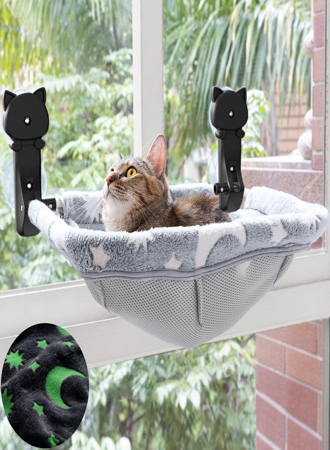JUNSPOW Cat Window Perch Cordless, Glow in The Dark & Stable Cat Beds- Breathable Window Hammock for Overlooking, Sunbathing and Climbing - Maximum Hold Up to 40lb(Grey) - Image 1