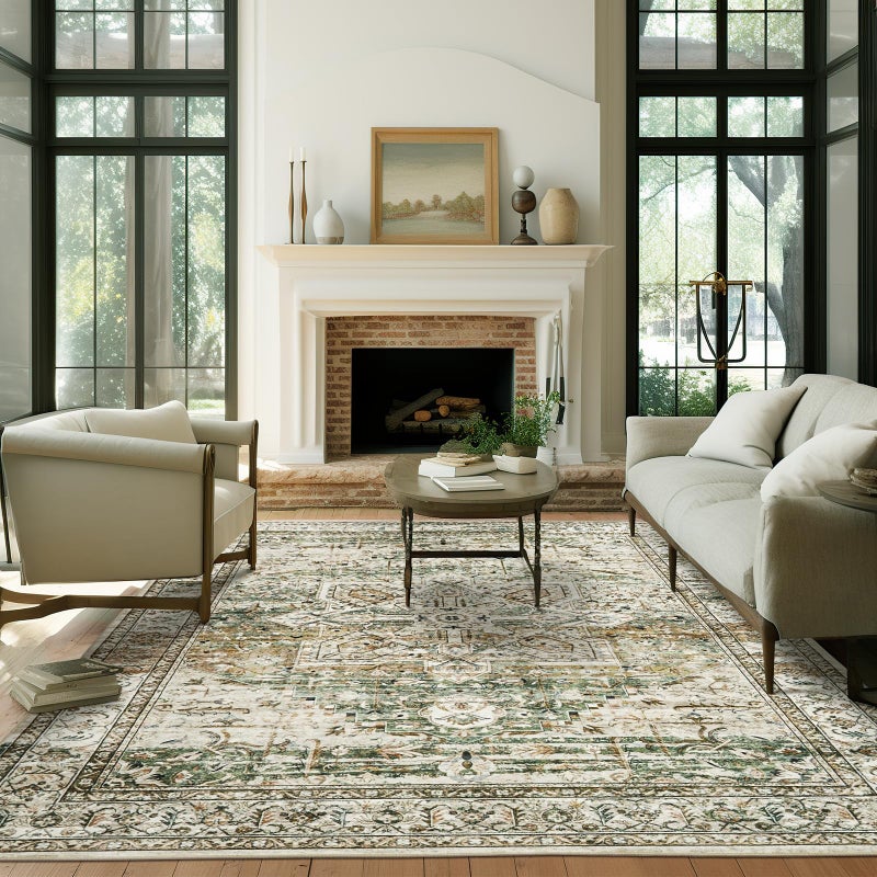 Soalmost Washable Area Rug 8x10, Large Soft Rugs for Living Room Farmhouse Vintage Area Rugs for Bedroom Dining Room Non-Slip Stain Resistant Under Table Rug Olive Beige - Image 1