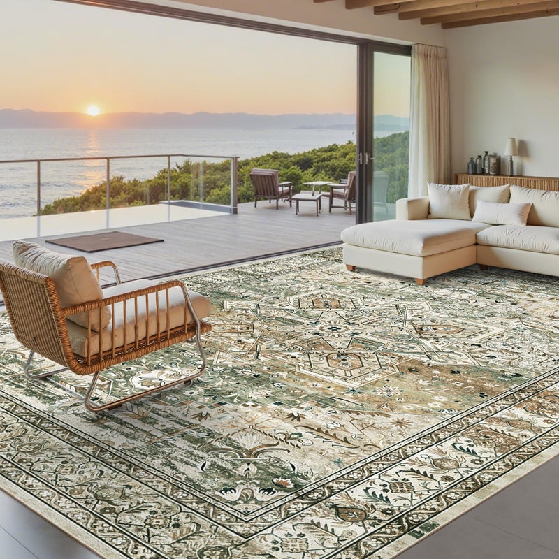 Soalmost Washable Area Rug 8x10, Large Soft Rugs for Living Room Farmhouse Vintage Area Rugs for Bedroom Dining Room Non-Slip Stain Resistant Under Table Rug Olive Beige - Image 2