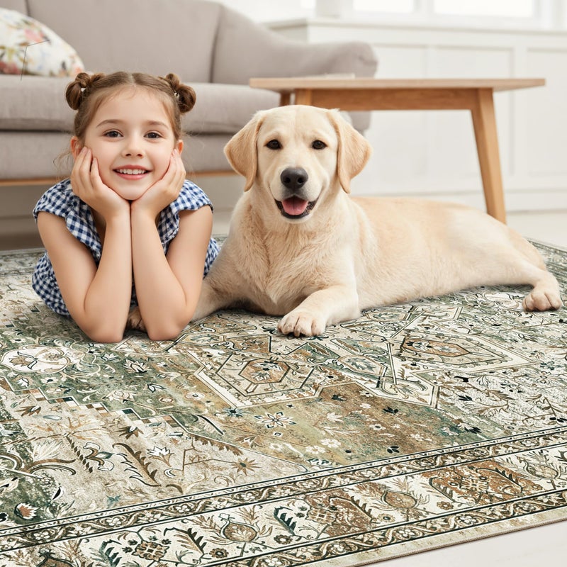 Soalmost Washable Area Rug 8x10, Large Soft Rugs for Living Room Farmhouse Vintage Area Rugs for Bedroom Dining Room Non-Slip Stain Resistant Under Table Rug Olive Beige - Image 3