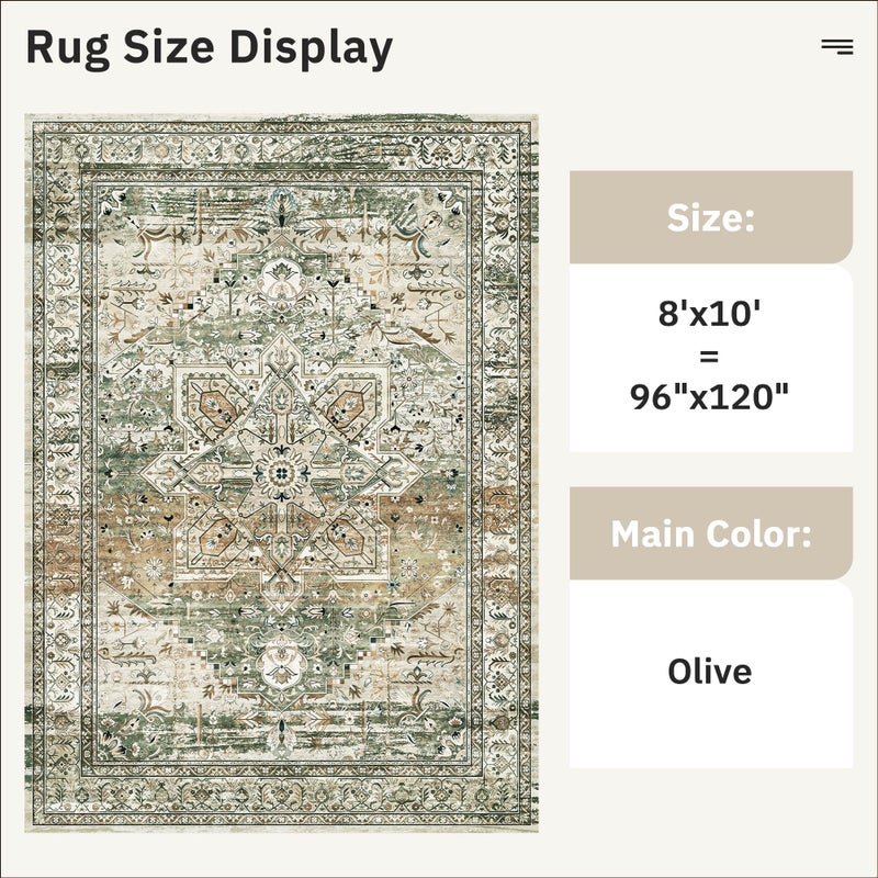 Soalmost Washable Area Rug 8x10, Large Soft Rugs for Living Room Farmhouse Vintage Area Rugs for Bedroom Dining Room Non-Slip Stain Resistant Under Table Rug Olive Beige - Image 4