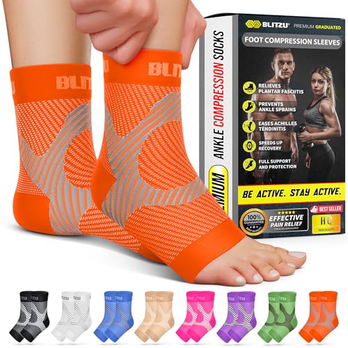 BLITZU Compression Socks for Plantar Fasciitis, Achilles Tendonitis, Arthritis Relief, Ankle Brace Compression Sleeve with Foot Arch Support, Ankle Wrap for Women, Men, Swelling & Heel Pain Orange S-M - Image 1