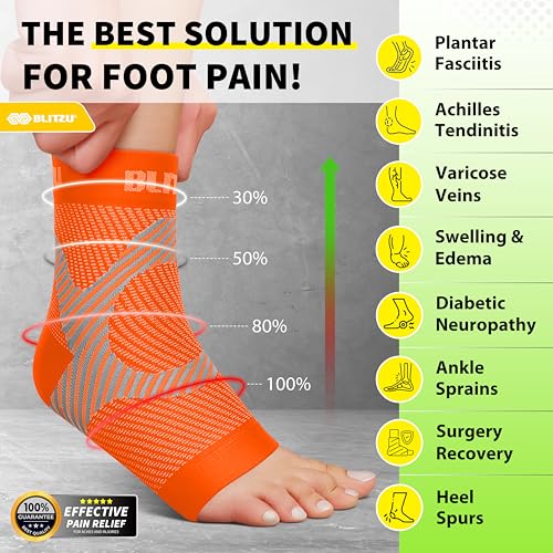 BLITZU Compression Socks for Plantar Fasciitis, Achilles Tendonitis, Arthritis Relief, Ankle Brace Compression Sleeve with Foot Arch Support, Ankle Wrap for Women, Men, Swelling & Heel Pain Orange S-M - Image 2
