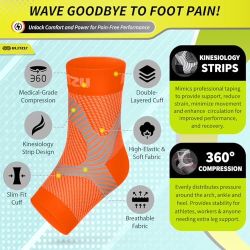 BLITZU Compression Socks for Plantar Fasciitis, Achilles Tendonitis, Arthritis Relief, Ankle Brace Compression Sleeve with Foot Arch Support, Ankle Wrap for Women, Men, Swelling & Heel Pain Orange S-M - Image 4