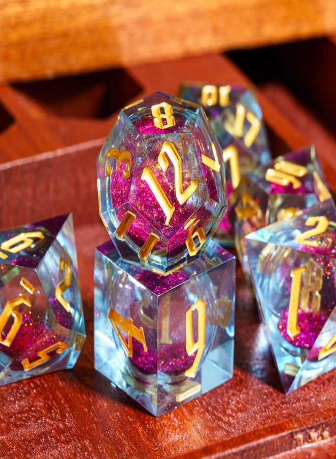 Cusdie Handmade DND Dice, Liquid Core Dice Set D&D Quicksand Sharp Dice, 7 PCs Transparent Polyhedral Dice Set for RPG Other Table Games(Purple and Orange) - Image 2