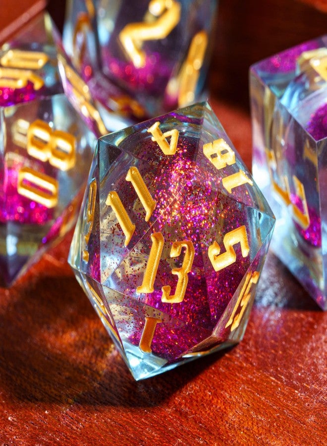 Cusdie Handmade DND Dice, Liquid Core Dice Set D&D Quicksand Sharp Dice, 7 PCs Transparent Polyhedral Dice Set for RPG Other Table Games(Purple and Orange) - Image 3