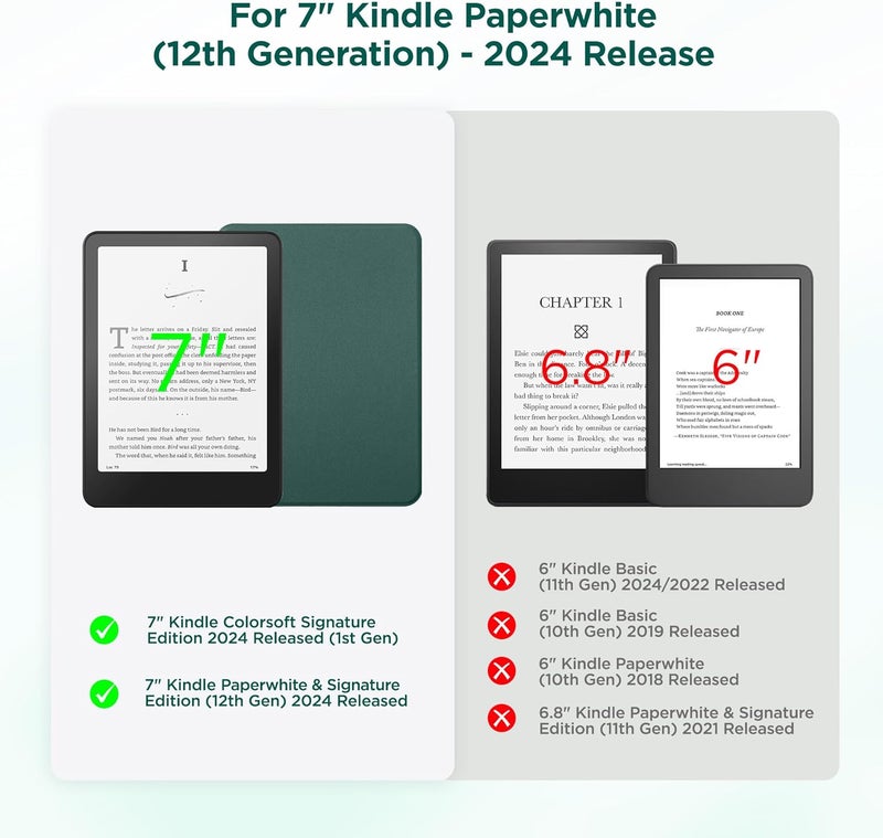 SESENSE Detachable Magnetic Case for 7'' Kindle Paperwhite 12th Gen 2024 and Kindle Colorsoft Signature Edition, Slim PU Shell Cover Case with Auto Wake/Sleep, Blackish Green - Image 2