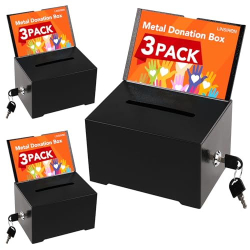 LINSIRON Suggestion Box with Slot and Lock,2 Pack Metal Wall Mounted Ballot and 50 Free Suggestion Cards,Donation Boxes for Fundraising with 2 Keys 8.4 x 5.8 x 7.0 inch,Black - Image 1