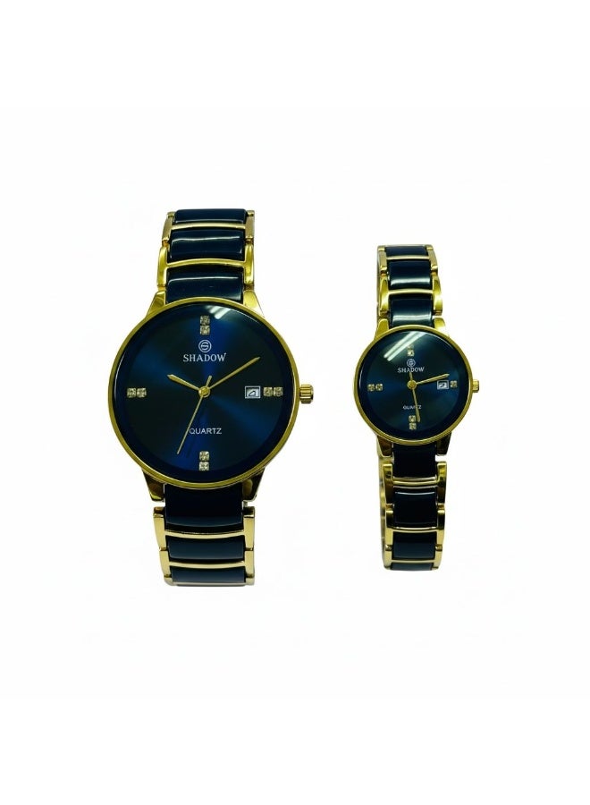 SHADOW Crimson Duo SD7113 Couple Watch Set for Men & Women, Quartz Analog Watches, Black Dial with Gold Strap, Matching His & Hers Gift Set - Image 2