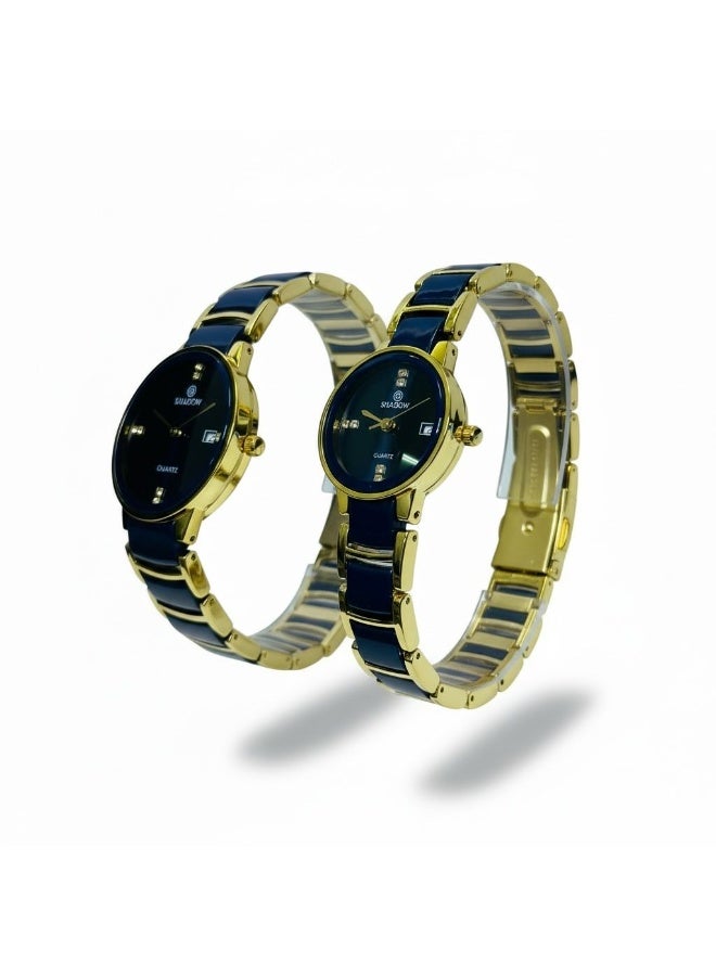 SHADOW Crimson Duo SD7113 Couple Watch Set for Men & Women, Quartz Analog Watches, Black Dial with Gold Strap, Matching His & Hers Gift Set - Image 3