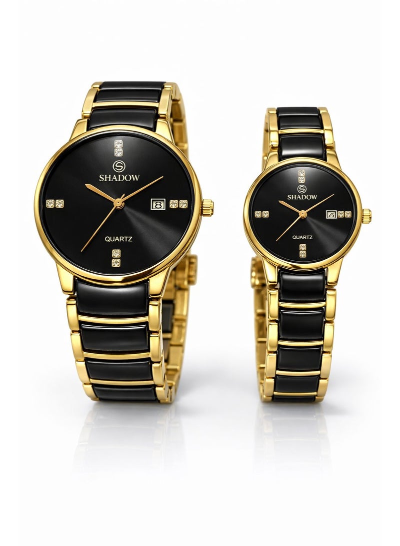 SHADOW Crimson Duo SD7113 Couple Watch Set for Men & Women, Quartz Analog Watches, Black Dial with Gold Strap, Matching His & Hers Gift Set - Image 1