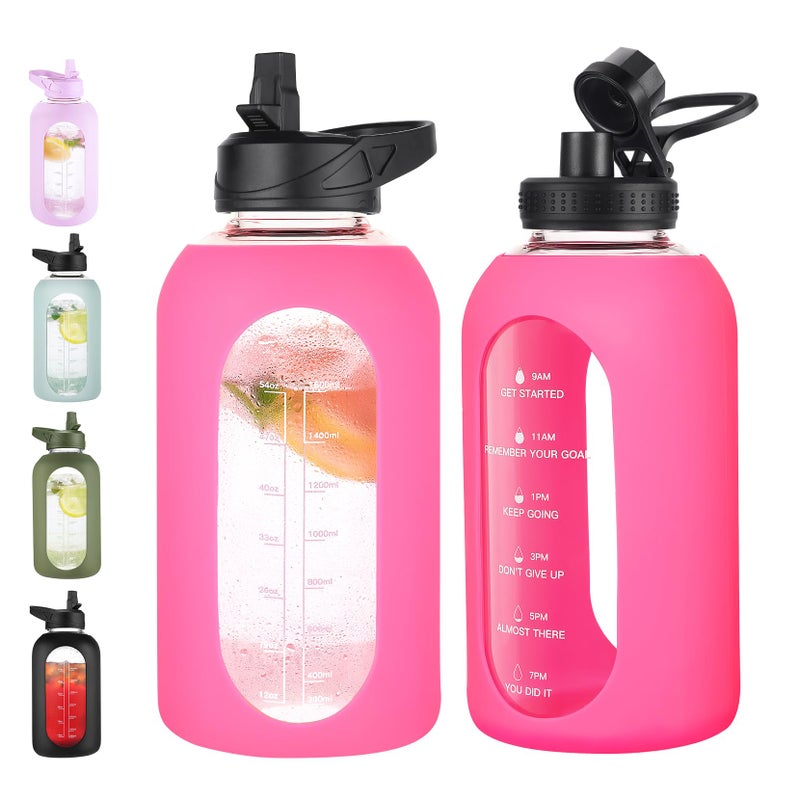 EALGRO 64 oz Glass Water Bottle With Straw and Handle, Half Gallon Sports Motivational Water Jug Flask with Silicone Sleeve, Large Water Cup with Time Marker for Travel, Gym, Hot Pink - Image 1