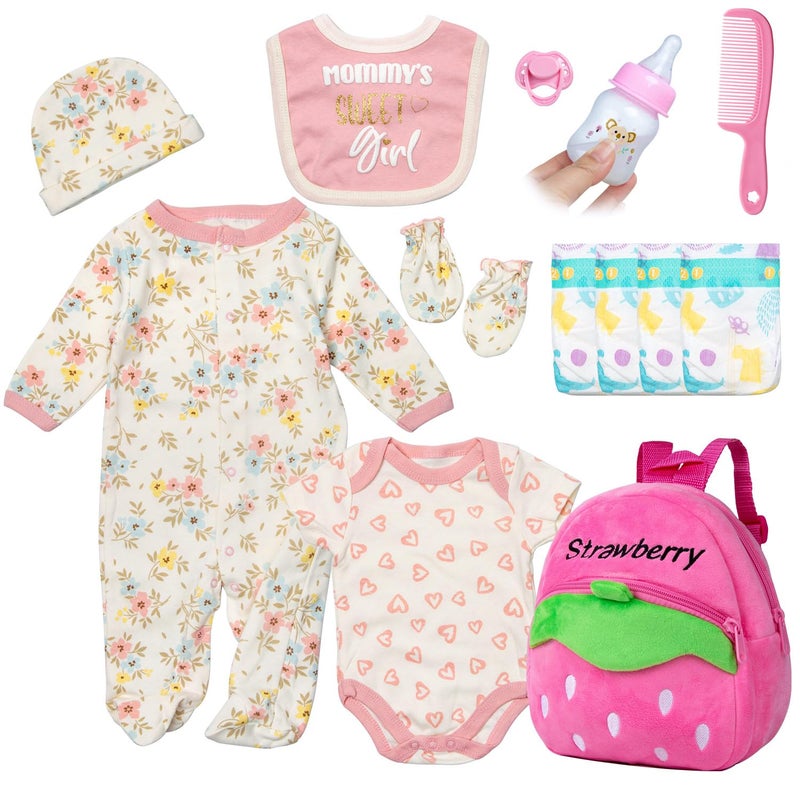 Pedolltree Reborn Baby Dolls Clothes Outfit Accessories Pink Floral Prints 13 Pcs Set for 1722 Inch Reborn Dolls Newborn Girl with Pink Strawberry Backpack Diaper - Image 3