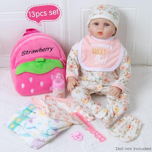 Pedolltree Reborn Baby Dolls Clothes Outfit Accessories Pink Floral Prints 13 Pcs Set for 1722 Inch Reborn Dolls Newborn Girl with Pink Strawberry Backpack Diaper - Image 5