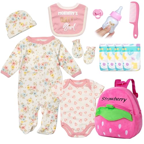 Pedolltree Reborn Baby Dolls Clothes Outfit Accessories Pink Floral Prints 13 Pcs Set for 1722 Inch Reborn Dolls Newborn Girl with Pink Strawberry Backpack Diaper - Image 1