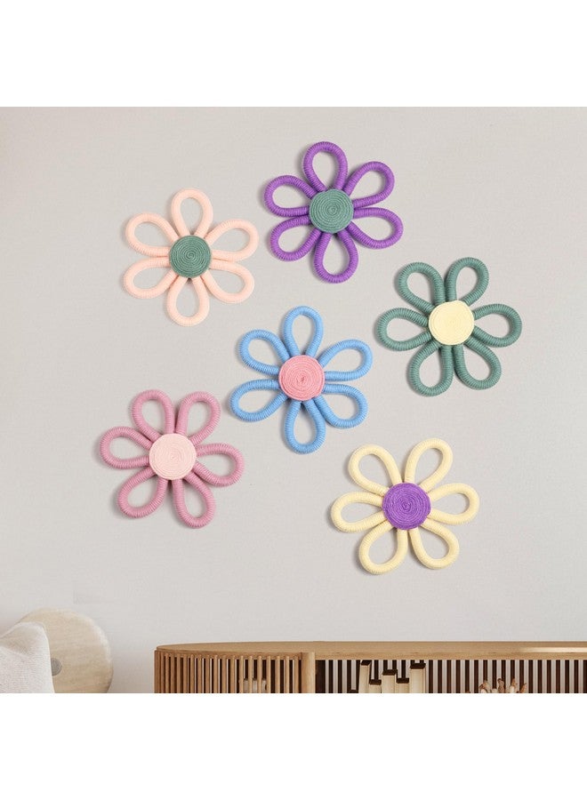Ripeng 6 Pcs Boho Nursery Decor for Girl 6 inch Woven Daisy Flower Macrame Wall Hanging Bohemian Wall Decor Daisy Nursery for Baby Girls Kids Home Bedroom(Vivid Colors) - Image 1