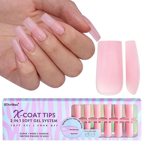 BTArtbox XCOATTIPS Soft Gel Nail Tips  Matte Long Square Press On Nails Pink Colored Natural with Tip Primer Cover OneStep Full Cover Fake Nails Gel Nails for Nail Extensions Art