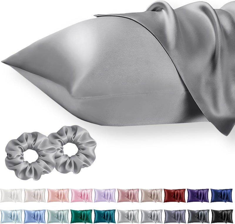 Vielit King Satin Pillowcase for Hair 2pc,Similar to Silk Pillow Cases,Easier Care Than Silk Pillowcase Gifts for Women Men,Grey,20x36 & Envelope Closure and 2 Satin Scrunchies - Image 1