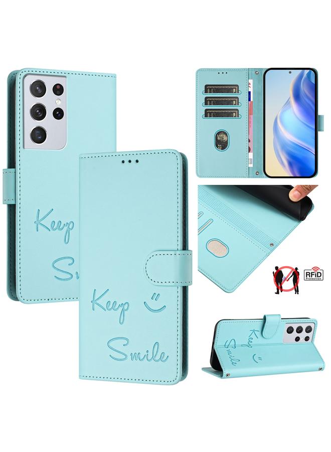 S-TOP Case For Samsung Galaxy S21 Ultra 5G Smile Embossing RFID Leather Phone Case - Image 1