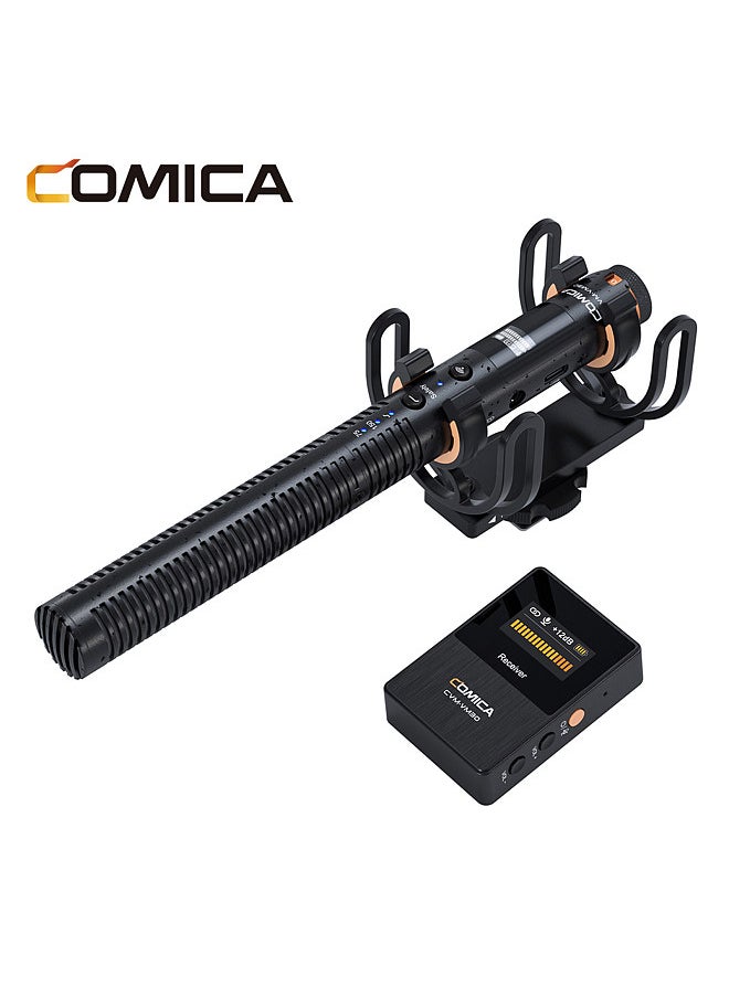 COMICA VM30 2.4G ميكروفون كاميرا قلبي مكثف نظام ميكروفون مع منفذ 3.5 ملم شاشة OLED تدعم أوضاع مزدوجة سلكية/لاسلكية مراقبة في الوقت الحقيقي مع حامل مضاد للصدمات وغطاء للرياح  - Image 1