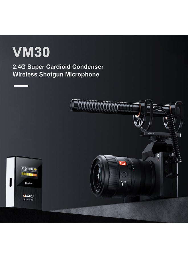 COMICA VM30 2.4G ميكروفون كاميرا قلبي مكثف نظام ميكروفون مع منفذ 3.5 ملم شاشة OLED تدعم أوضاع مزدوجة سلكية/لاسلكية مراقبة في الوقت الحقيقي مع حامل مضاد للصدمات وغطاء للرياح  - Image 4