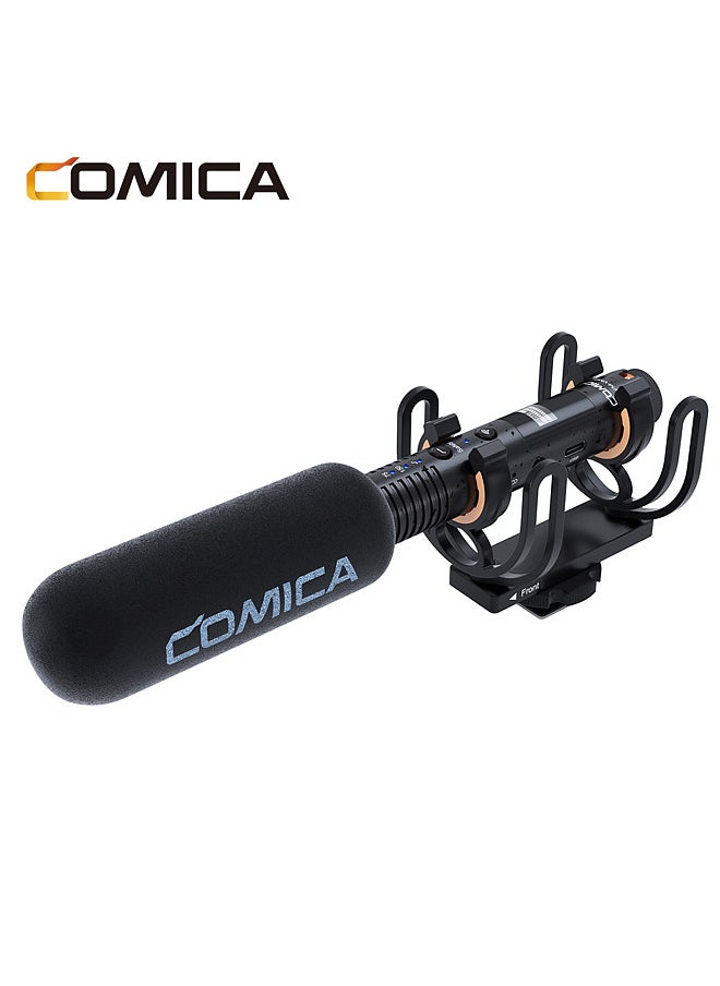 COMICA - VM30 2.4G ميكروفون كاميرا قلبي مكثف نظام ميكروفون مع منفذ 3.5 ملم شاشة OLED تدعم أوضاع مزدوجة سلكية/لاسلكية مراقبة في الوقت الحقيقي مع حامل مضاد للصدمات وغطاء للرياح - Image 1
