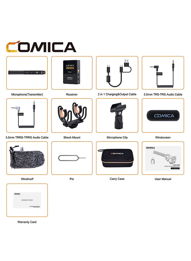COMICA VM30 2.4G ميكروفون كاميرا قلبي مكثف نظام ميكروفون مع منفذ 3.5 ملم شاشة OLED تدعم أوضاع مزدوجة سلكية/لاسلكية مراقبة في الوقت الحقيقي مع حامل مضاد للصدمات وغطاء للرياح  - Image 5