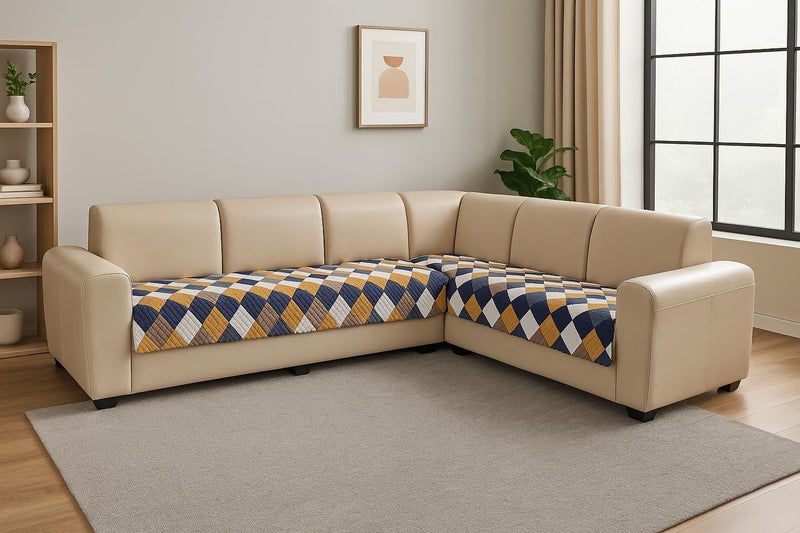 KINGLY Velvet Quilted L-Shape 5 Seater (3+2) Universal Sofa Protector – Premium Non-Slip Fit Washable Couch Mat for L-Shaped Sofa Set in Living Room (Royal Blue Yellow 2pc Set – 23x27 & 69x27) - Image 5