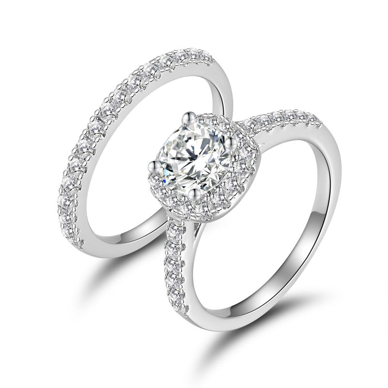 MDFUN 18K Gold Plated Eternity Ring Sets,6mm Round Cubic Zirconia Halo CZ Two-In-One Stackable Wedding Engagement Promise Rings for Women - Image 1