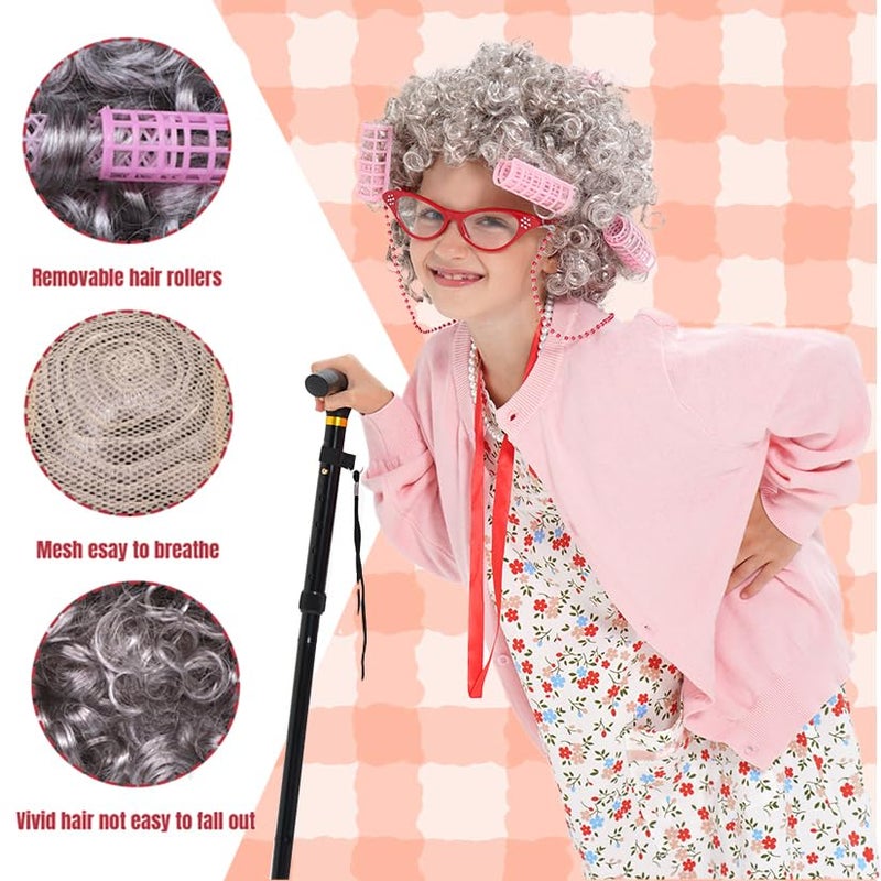 FAYBOX Old Lady Wig, Granny Costume Wig with Hair Rollers for Halloween Cosplay, Dress Up Party - Image 4