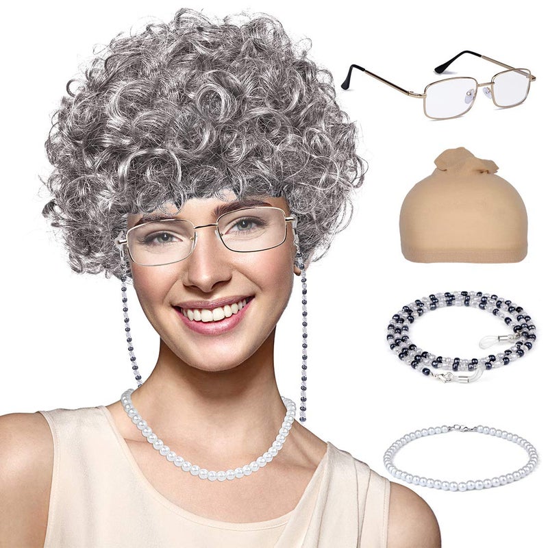 FAYBOX Old Lady Wig, Granny Costume Wig with Hair Rollers for Halloween Cosplay, Dress Up Party - Image 1