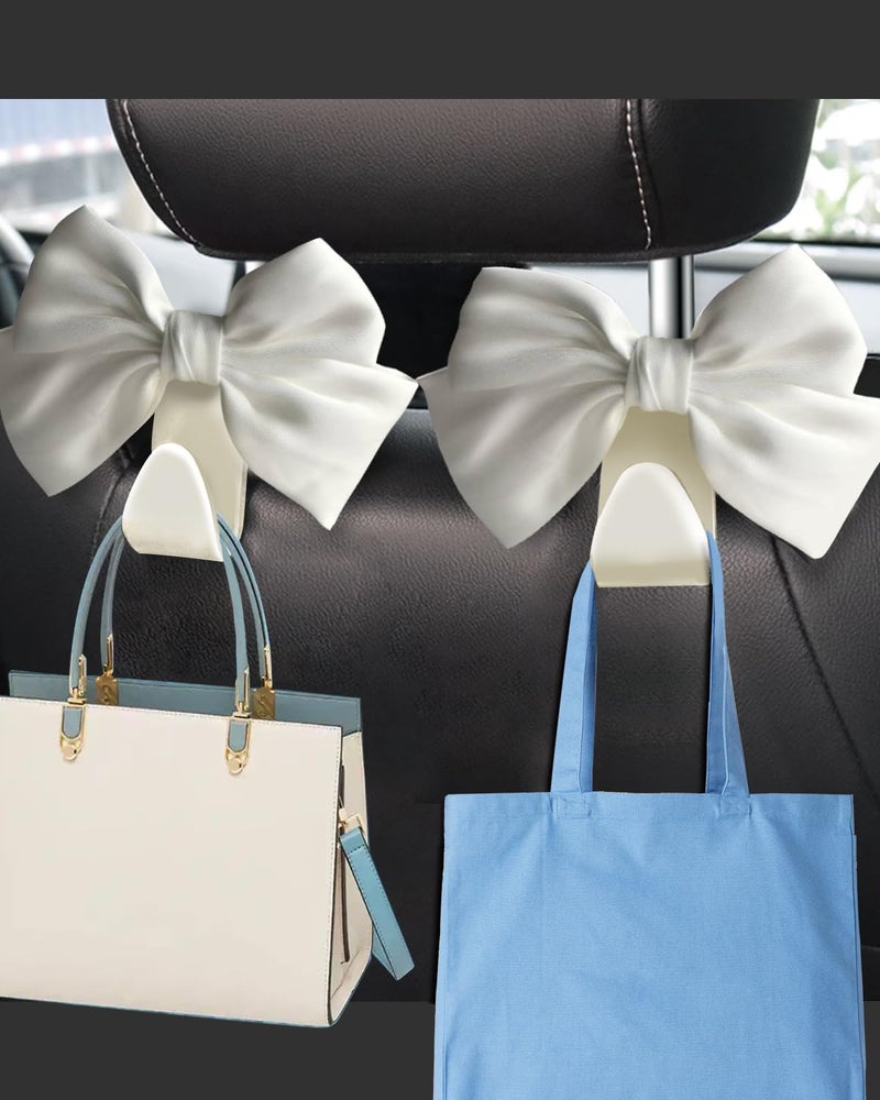 BVGACI 2 Pack Car Purse Hooks, Cute Bow Car Seat Headrest Hook Hanger for Purses and Bags (White silk) - Image 2
