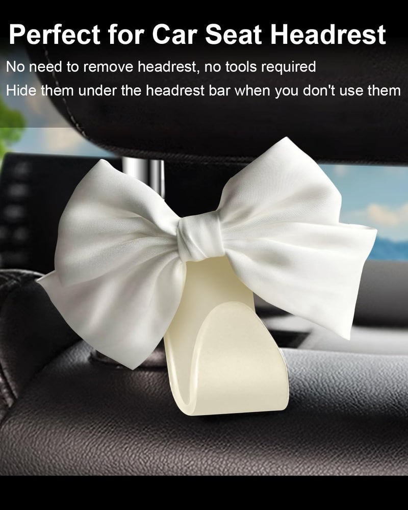 BVGACI 2 Pack Car Purse Hooks, Cute Bow Car Seat Headrest Hook Hanger for Purses and Bags (White silk) - Image 3