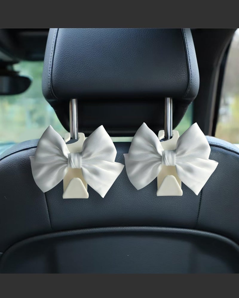 BVGACI 2 Pack Car Purse Hooks, Cute Bow Car Seat Headrest Hook Hanger for Purses and Bags (White silk) - Image 1