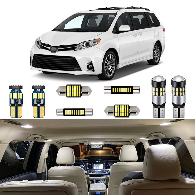 طقم أضواء LED داخلية بيضاء مكون من 15 قطعة لسيارة تويوتا سيينا 2011 2012 2013 2014 2015 2016 2017 2018 2019 2020 2021 سوبر برايت 6000K