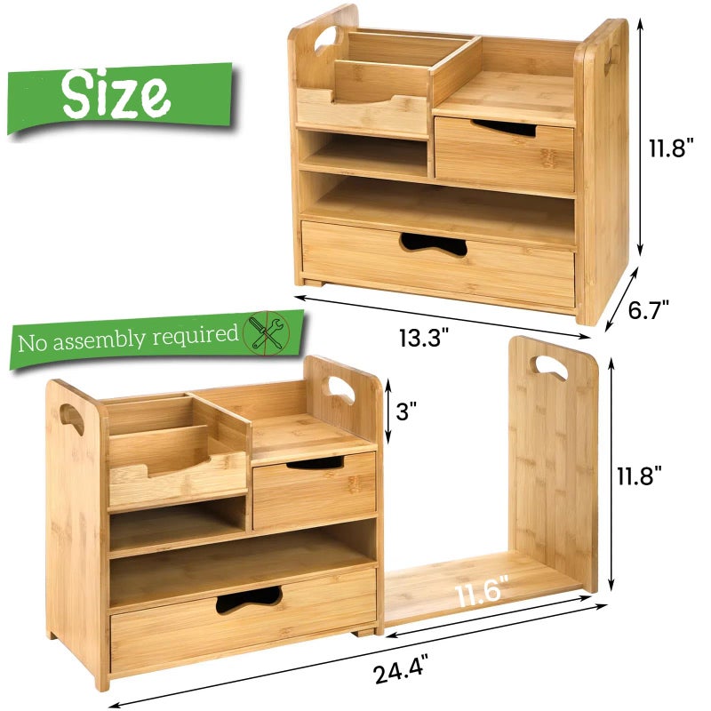 ZOOFOX Bamboo Desk Organizer with Adjustable File Holder, Mail Organizer Countertop with Drawer, 4-Tier Desktop Organization and Desk Accessories for Home Office School Supplies, No Assembly Required - Image 2