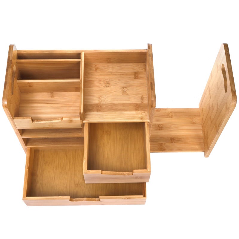ZOOFOX Bamboo Desk Organizer with Adjustable File Holder, Mail Organizer Countertop with Drawer, 4-Tier Desktop Organization and Desk Accessories for Home Office School Supplies, No Assembly Required - Image 3