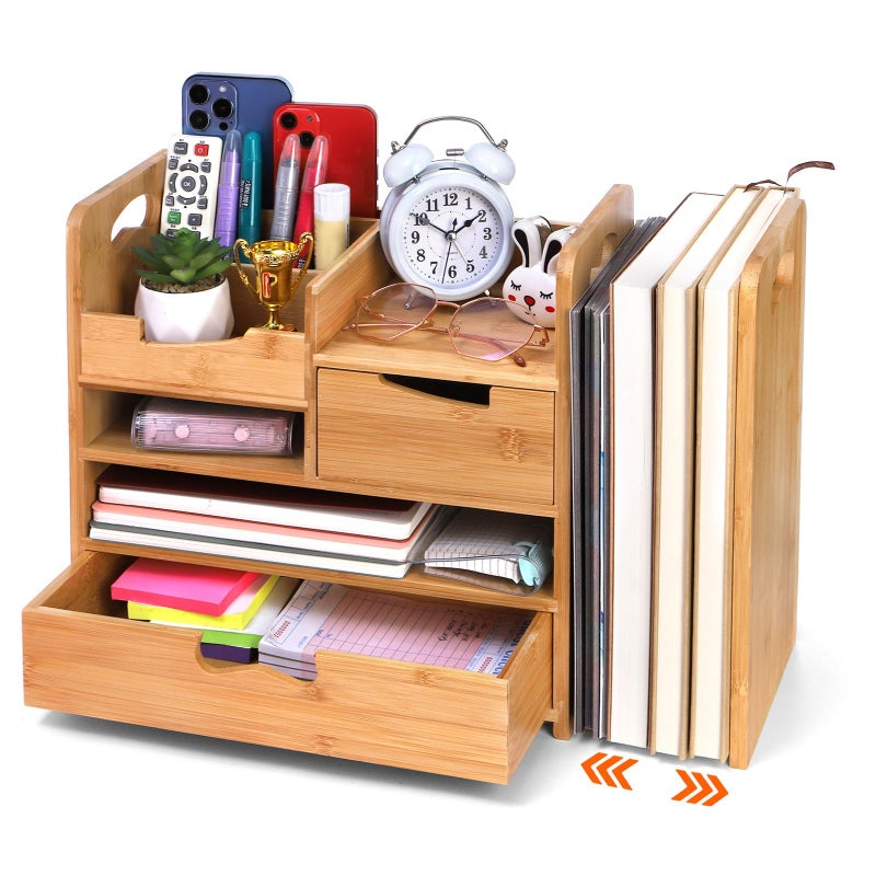 ZOOFOX Bamboo Desk Organizer with Adjustable File Holder, Mail Organizer Countertop with Drawer, 4-Tier Desktop Organization and Desk Accessories for Home Office School Supplies, No Assembly Required - Image 1