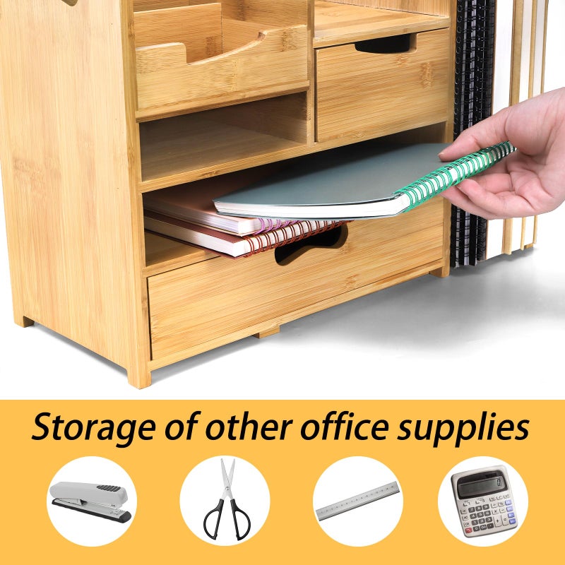 ZOOFOX Bamboo Desk Organizer with Adjustable File Holder, Mail Organizer Countertop with Drawer, 4-Tier Desktop Organization and Desk Accessories for Home Office School Supplies, No Assembly Required - Image 5
