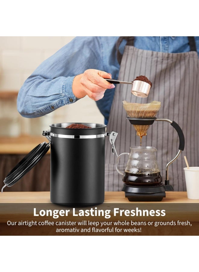 1.5L علبة القهوة ، علبة القهوة المثبتة الهواء مع صمام ثاني أكسيد الكربون ، حاوية تخزين الأغذية ، جرة تخزين القهوة من الفولاذ المقاوم للصدأ مع تعقب التاريخ ومغطاة قياس حبوب القهوة والأراضي والسكر - Image 2