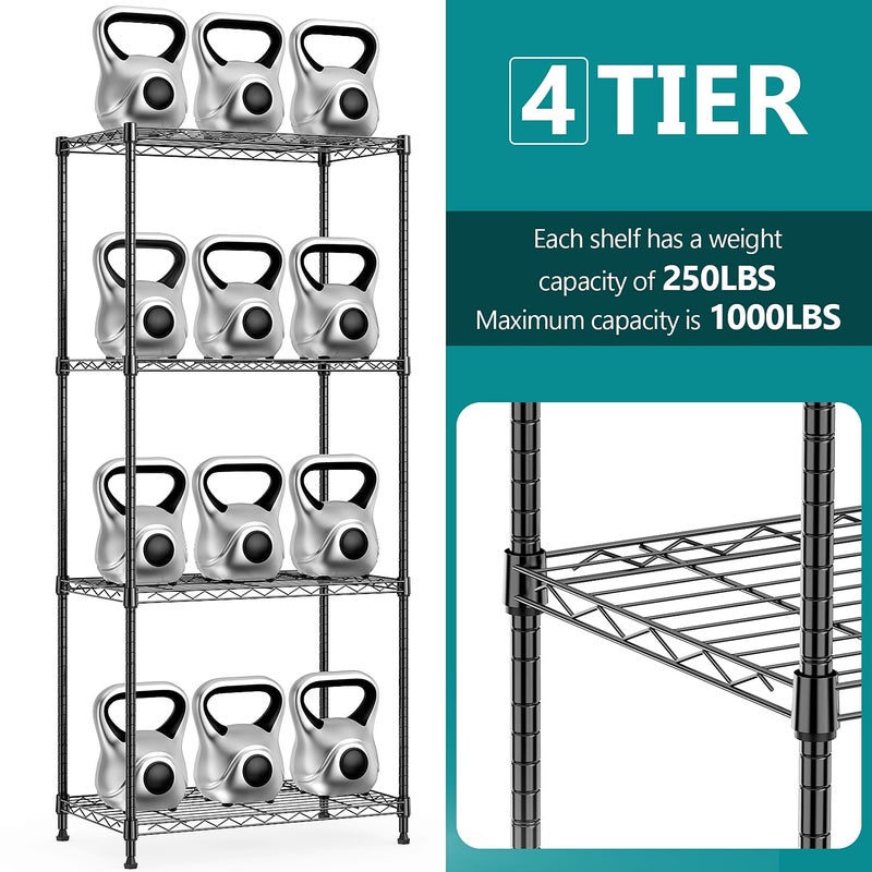 IZEUK 4-Tier Black Steel Storage Shelves, Heavy Duty Utility Wire Rack Organizer for Kitchen, Office, Home, 1000 lbs, 13.7" D x 23.6" W x 53.4" H - Image 2