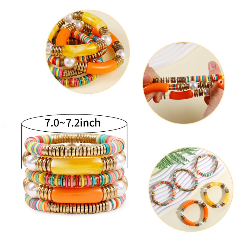 Badu Yellow grey Bamboo Tube Bangles Bracelet Chunky Curved Stacking Clear Acrylic Colorful Beads Stretchable Friendship Gold Bracelets Gifts For Bestfriends, Couple - Image 2