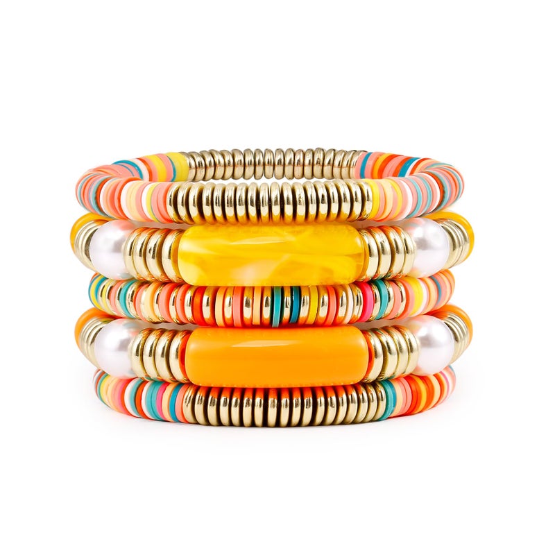 Badu Yellow grey Bamboo Tube Bangles Bracelet Chunky Curved Stacking Clear Acrylic Colorful Beads Stretchable Friendship Gold Bracelets Gifts For Bestfriends, Couple - Image 1