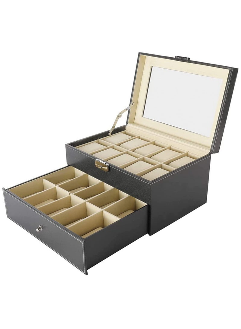 PU Leather Watch Box Storage Case Watch Display Organizer Lockable With 2 Layers 20 Slots For Jewelry Watch Collection Black - Image 1