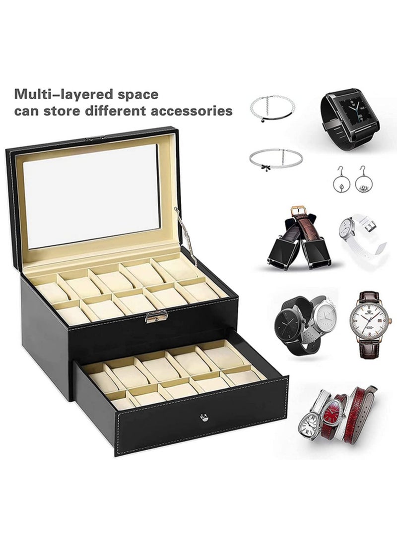 PU Leather Watch Box Storage Case Watch Display Organizer Lockable With 2 Layers 20 Slots For Jewelry Watch Collection Black - Image 2